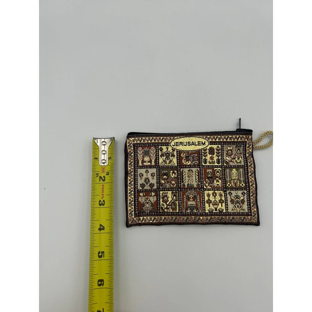Jerusalem Souvenir Woven Tapestry Coin Purse Gold Metallic Zipper Pouch Small